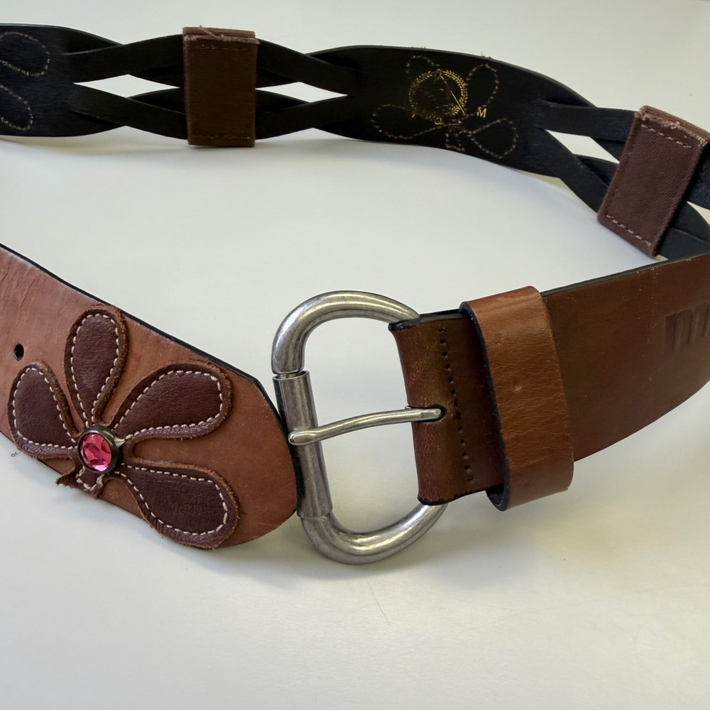 MB3 Vintage Boho Leather Belt with Pink Rhinestone Flowers - Size M - Picture 4 of 8